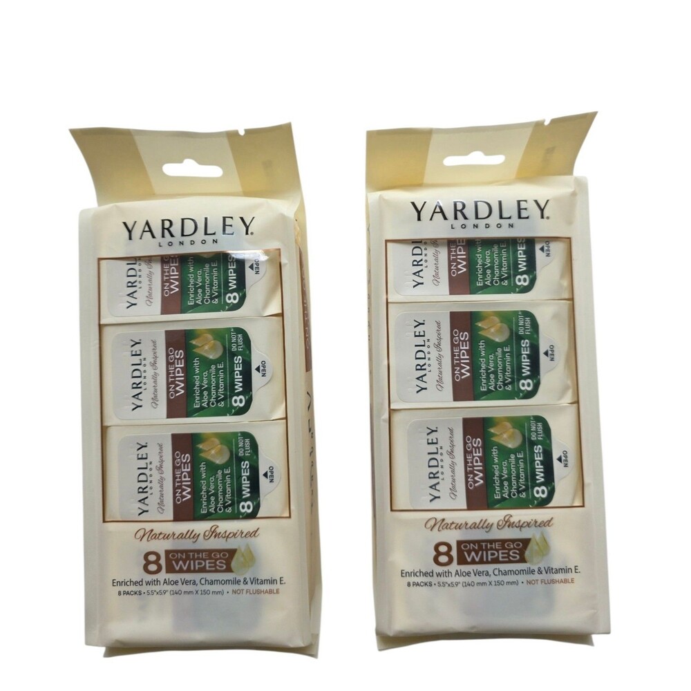 ×2 Yardley London On The Go Wipes 8 Pk With Aloe Vera ,Chamomile & Vitamin E